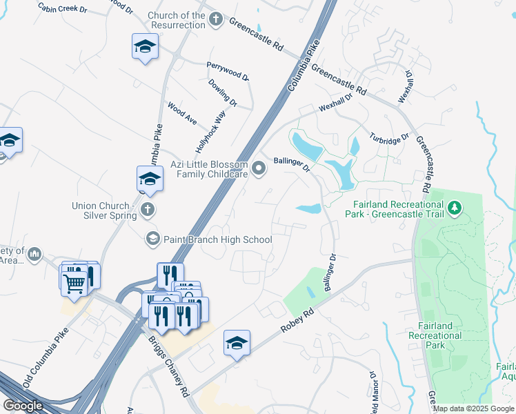map of restaurants, bars, coffee shops, grocery stores, and more near 3511 Castle Way in Silver Spring