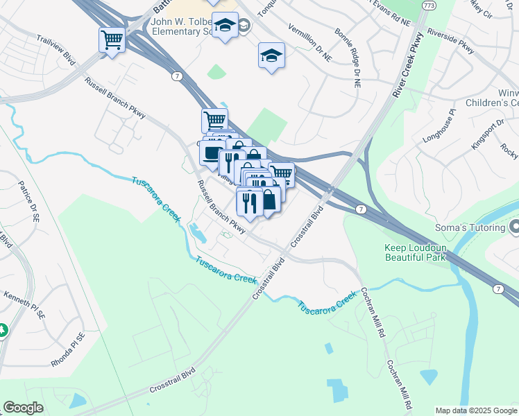 map of restaurants, bars, coffee shops, grocery stores, and more near 1607 Village Market Boulevard in Leesburg