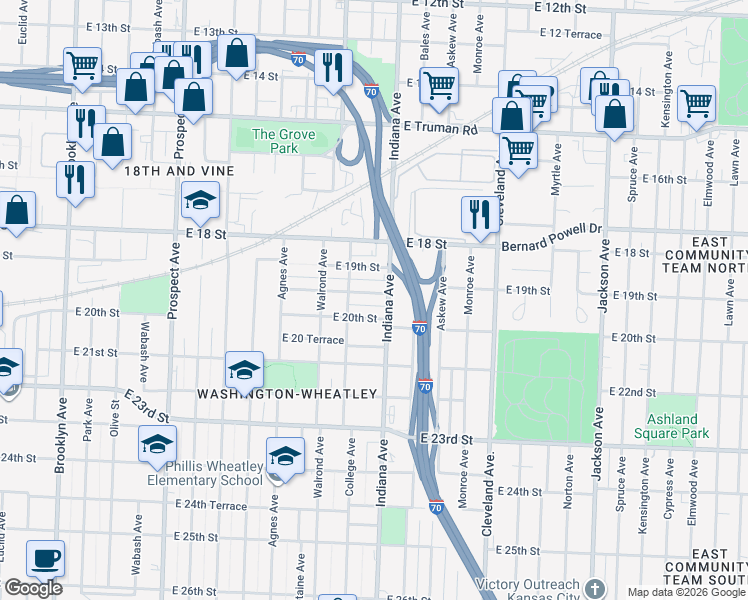 map of restaurants, bars, coffee shops, grocery stores, and more near 3319 East 19th Terrace in Kansas City