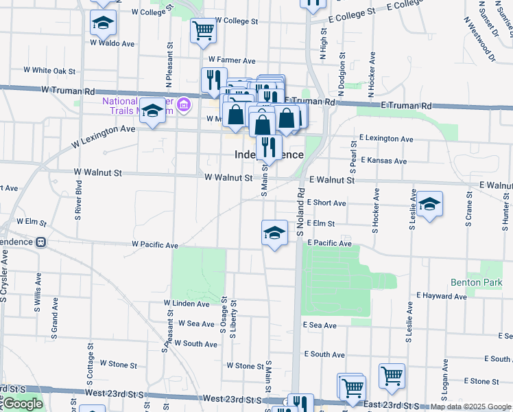 map of restaurants, bars, coffee shops, grocery stores, and more near 400 South Main Street in Independence