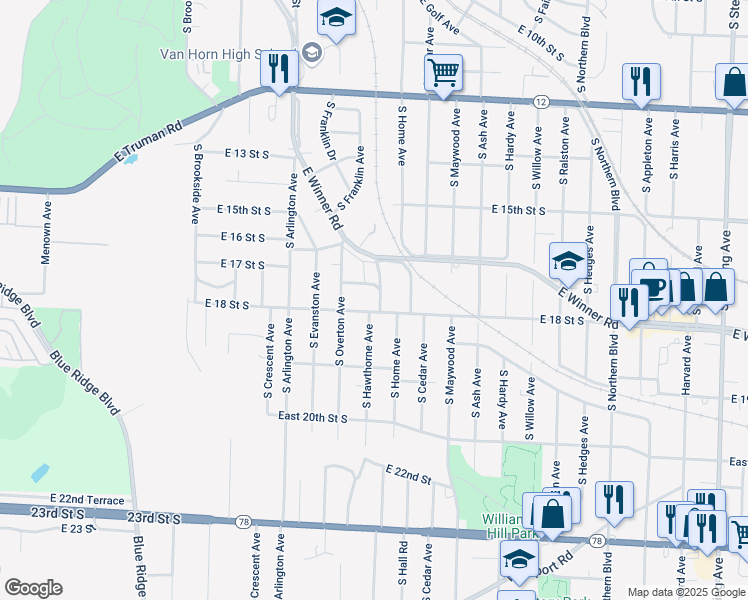 map of restaurants, bars, coffee shops, grocery stores, and more near 1726 Hawthorne Court in Independence