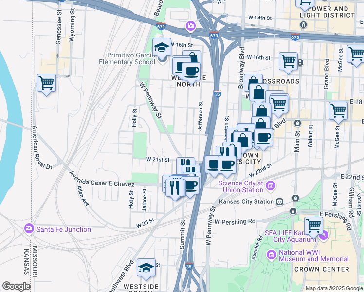 map of restaurants, bars, coffee shops, grocery stores, and more near 2021 West Pennway Terrace in Kansas City