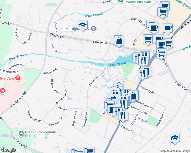 map of restaurants, bars, coffee shops, grocery stores, and more near 14258 Oxford Drive in Laurel