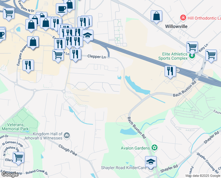map of restaurants, bars, coffee shops, grocery stores, and more near 1169 Lamplighter Way in Cincinnati