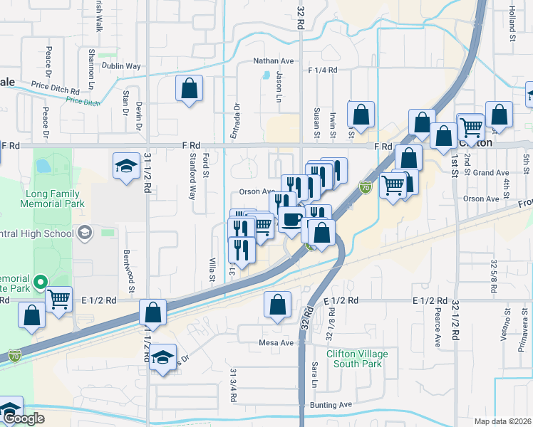 map of restaurants, bars, coffee shops, grocery stores, and more near 576 Plainview Court in Grand Junction