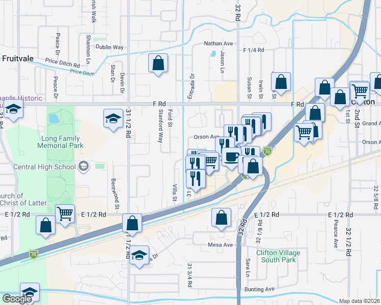 map of restaurants, bars, coffee shops, grocery stores, and more near 576 31 3/4 Road in Grand Junction