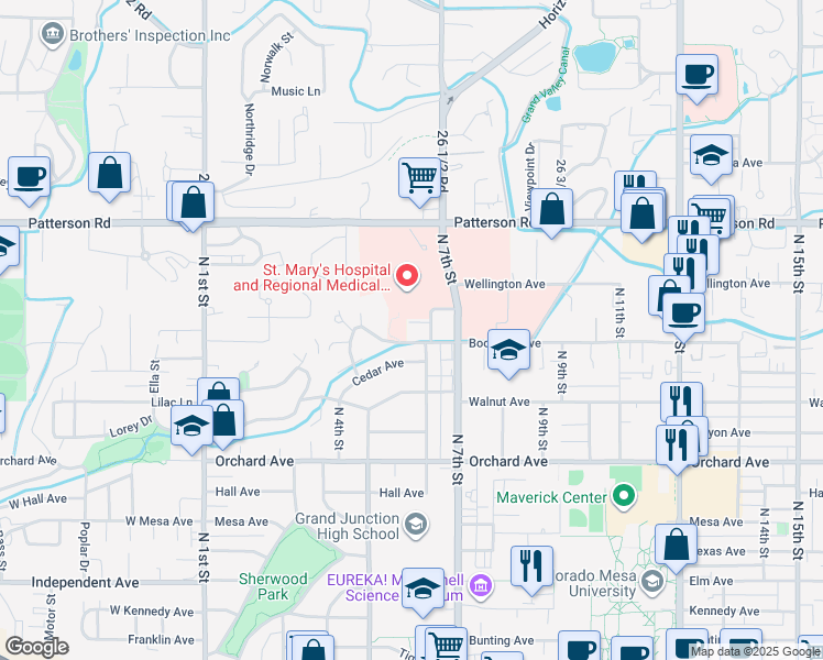 map of restaurants, bars, coffee shops, grocery stores, and more near 580 Bookcliff Avenue in Grand Junction