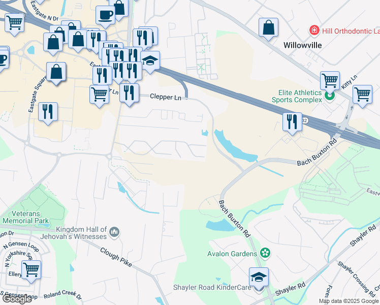 map of restaurants, bars, coffee shops, grocery stores, and more near 1169 Lamplighter Way in Cincinnati