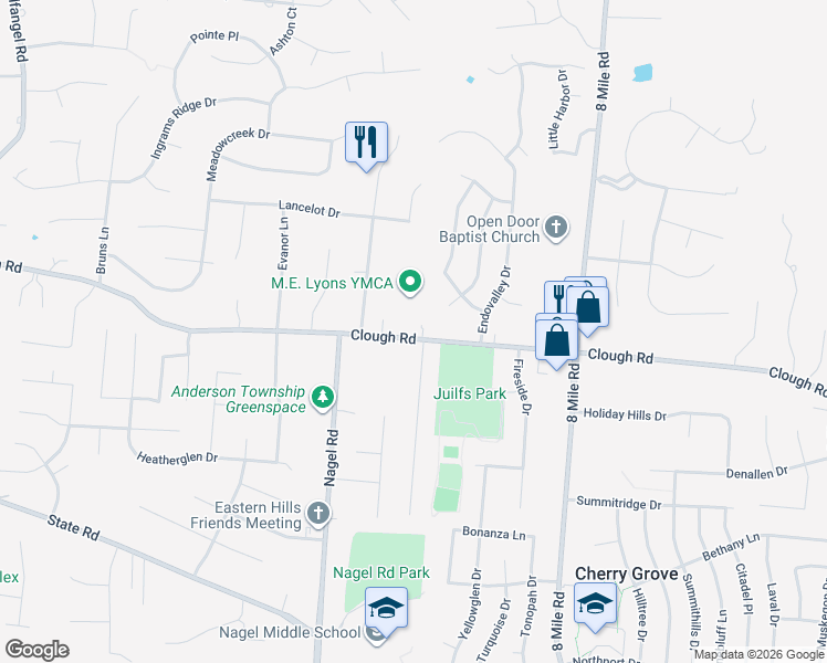 map of restaurants, bars, coffee shops, grocery stores, and more near 8134 Clough Pike in Cincinnati