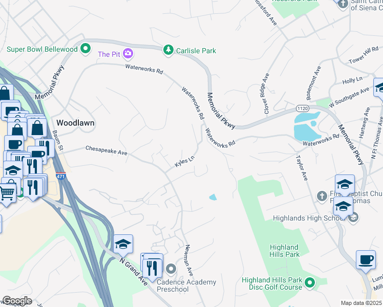 map of restaurants, bars, coffee shops, grocery stores, and more near 53 Kyles Lane in Fort Thomas