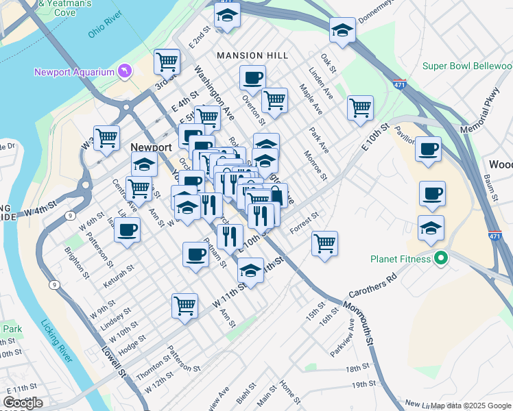 map of restaurants, bars, coffee shops, grocery stores, and more near 912 Saratoga Street in Newport