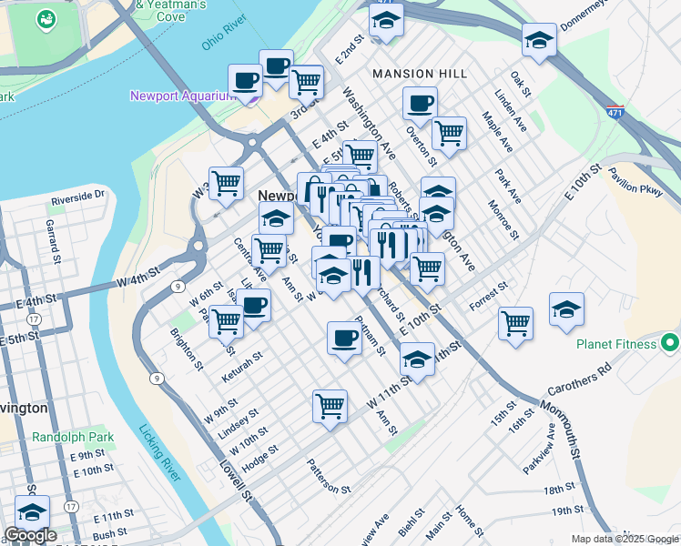 map of restaurants, bars, coffee shops, grocery stores, and more near 15 West 8th Street in Newport