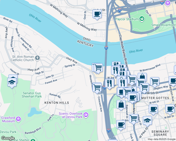 map of restaurants, bars, coffee shops, grocery stores, and more near 214 Wright Street in Covington