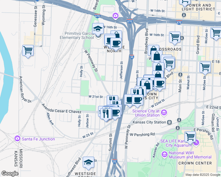 map of restaurants, bars, coffee shops, grocery stores, and more near 2021 West Pennway Terrace in Kansas City
