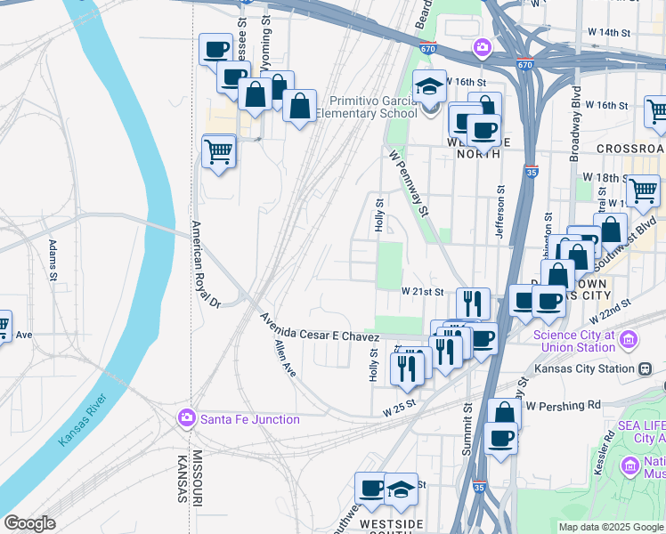 map of restaurants, bars, coffee shops, grocery stores, and more near 1317 West 20th Terrace in Kansas City