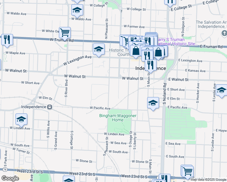 map of restaurants, bars, coffee shops, grocery stores, and more near 500 South Spring Street in Independence