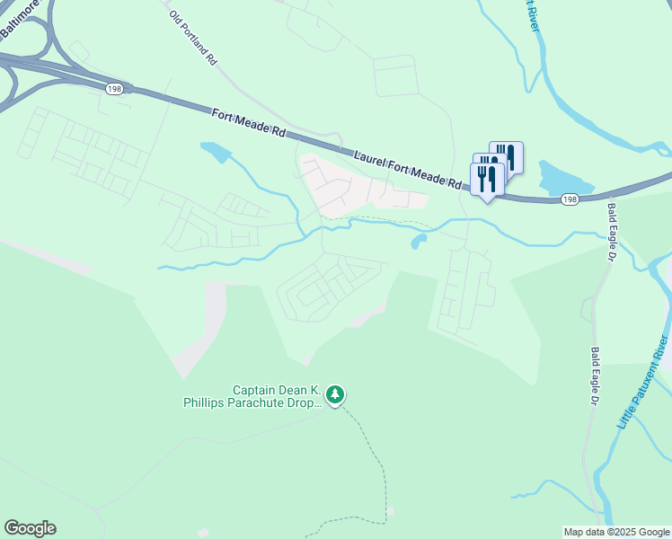 map of restaurants, bars, coffee shops, grocery stores, and more near 3491 Cormorant Drive in Laurel
