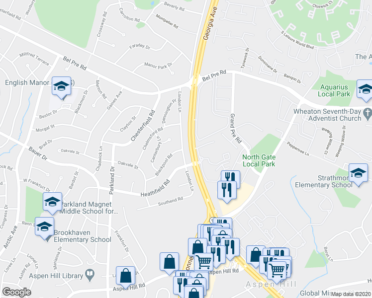 map of restaurants, bars, coffee shops, grocery stores, and more near 14109 London Lane in Rockville