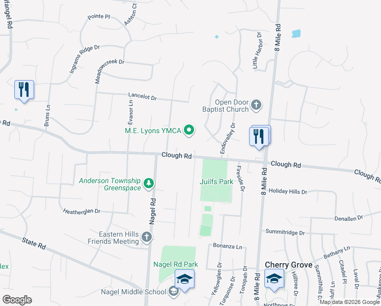 map of restaurants, bars, coffee shops, grocery stores, and more near 8134 Clough Pike in Cincinnati