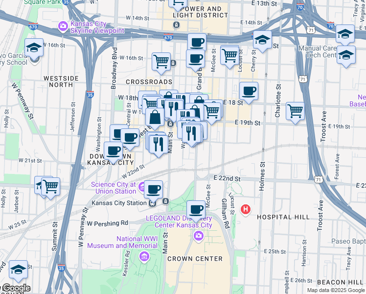 map of restaurants, bars, coffee shops, grocery stores, and more near 2010 Walnut Street in Kansas City