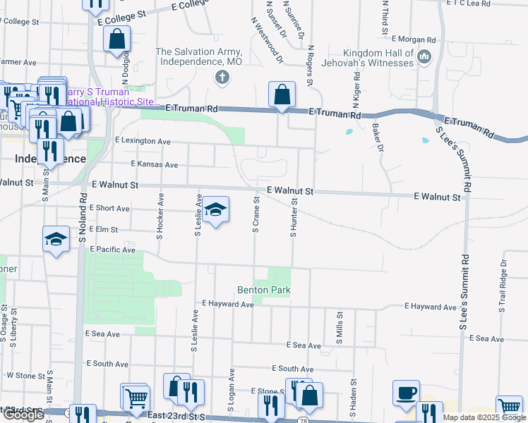 map of restaurants, bars, coffee shops, grocery stores, and more near 319 South Crane Street in Independence