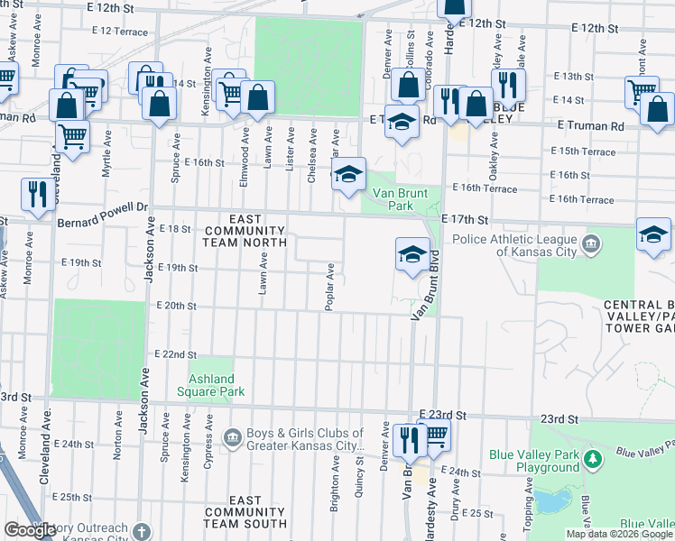 map of restaurants, bars, coffee shops, grocery stores, and more near 1835 Poplar Avenue in Kansas City