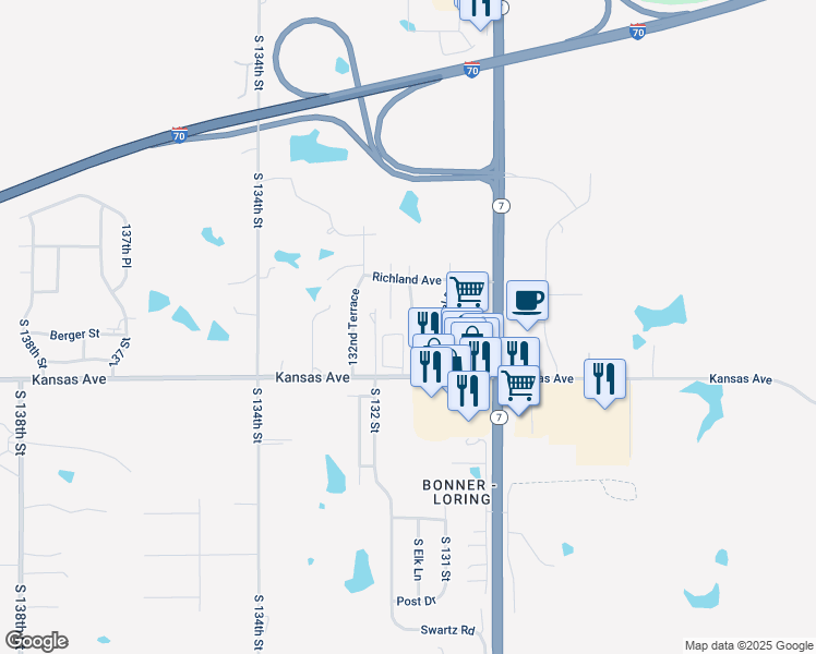 map of restaurants, bars, coffee shops, grocery stores, and more near 51 Richland Avenue in Bonner Springs