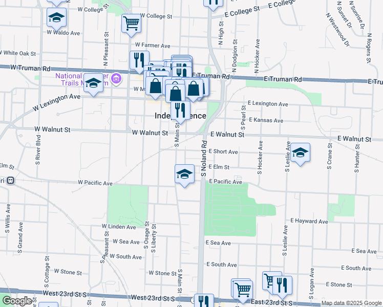 map of restaurants, bars, coffee shops, grocery stores, and more near 125 East Short Avenue in Independence