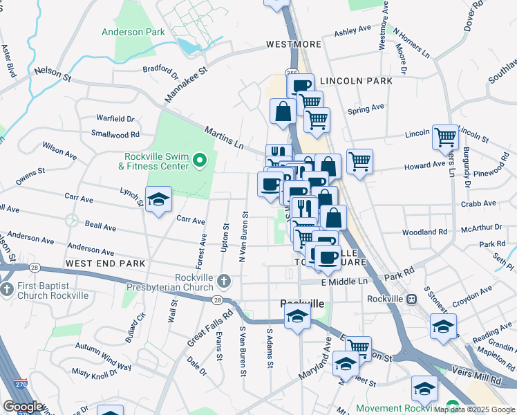 map of restaurants, bars, coffee shops, grocery stores, and more near 247 North Van Buren Street in Rockville