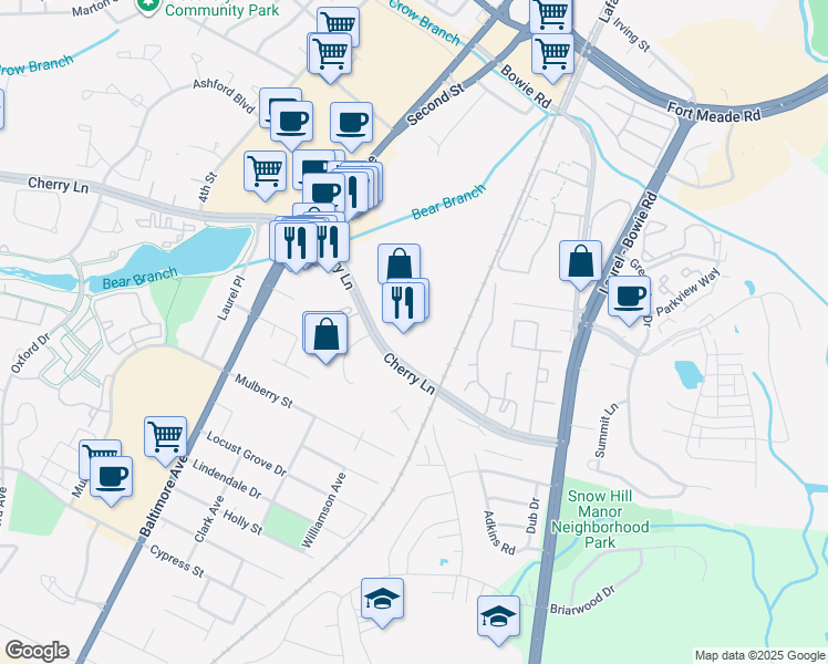 map of restaurants, bars, coffee shops, grocery stores, and more near 8740 Cherry Lane in Laurel
