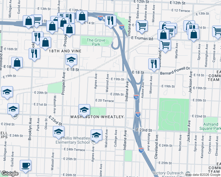 map of restaurants, bars, coffee shops, grocery stores, and more near 3109 East 19th Terrace in Kansas City