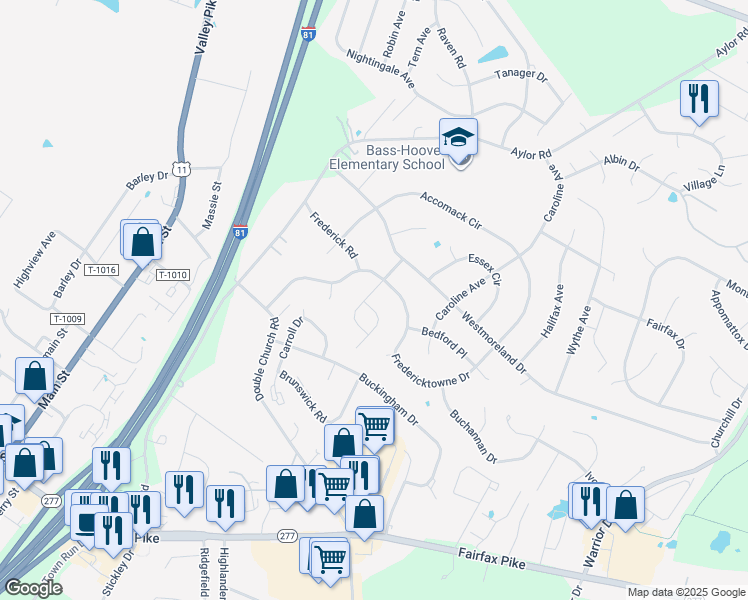 map of restaurants, bars, coffee shops, grocery stores, and more near 101 Amherst Court in Stephens City