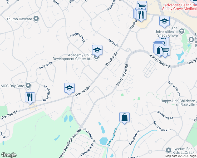 map of restaurants, bars, coffee shops, grocery stores, and more near 14185 Travilah Road in Rockville