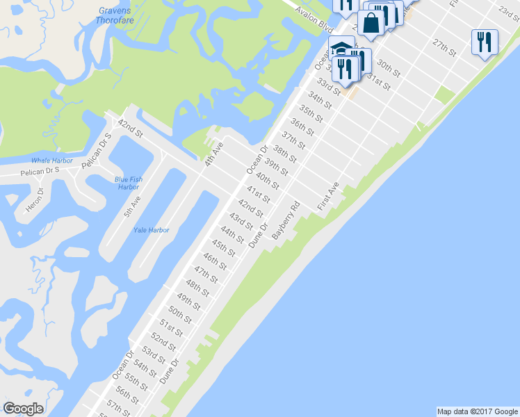 map of restaurants, bars, coffee shops, grocery stores, and more near 211 42nd Street in Avalon