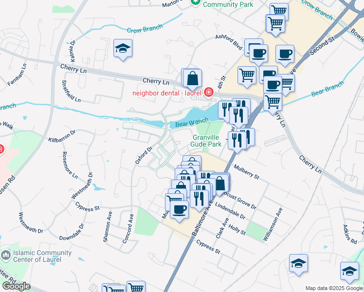 map of restaurants, bars, coffee shops, grocery stores, and more near 8214 Harvest Bend Lane in Laurel