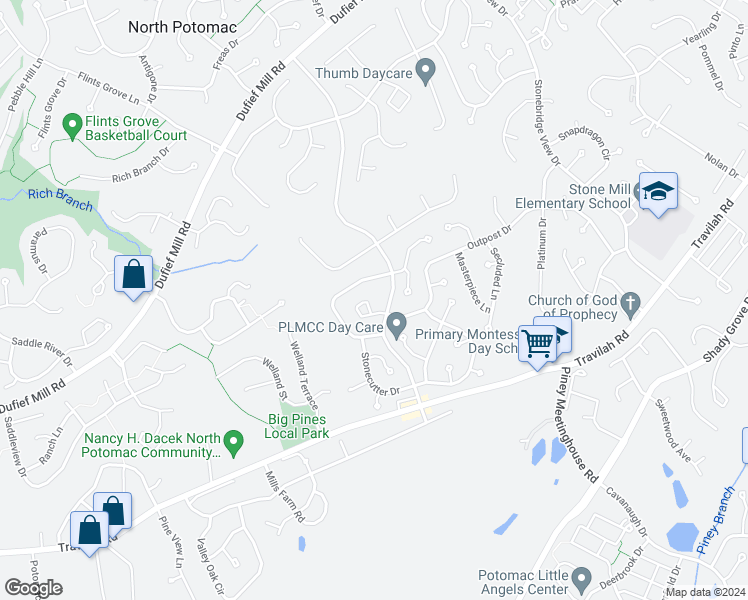 map of restaurants, bars, coffee shops, grocery stores, and more near 11010 Outpost Drive in North Potomac