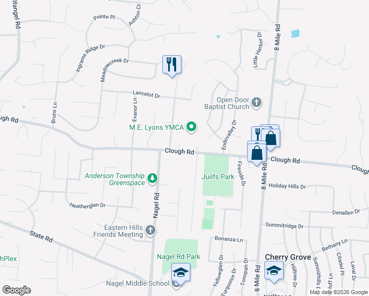 map of restaurants, bars, coffee shops, grocery stores, and more near 8134 Clough Pike in Cincinnati