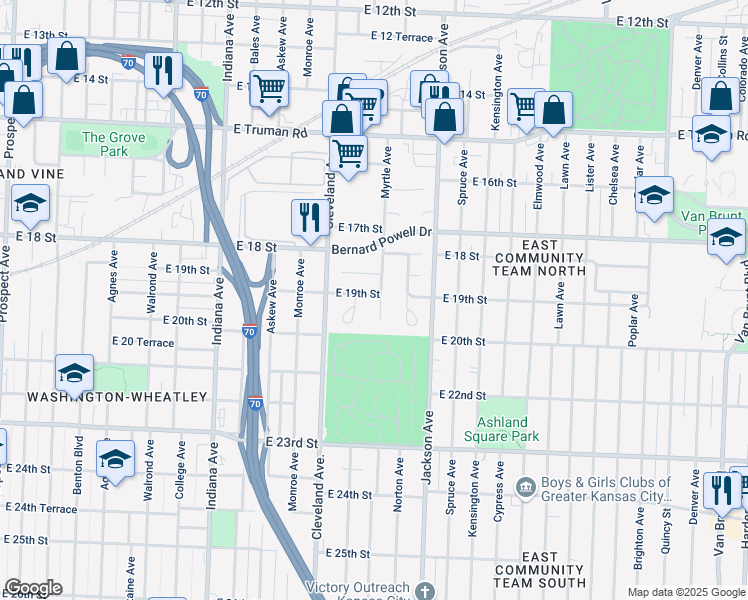 map of restaurants, bars, coffee shops, grocery stores, and more near 1900 Myrtle Avenue in Kansas City