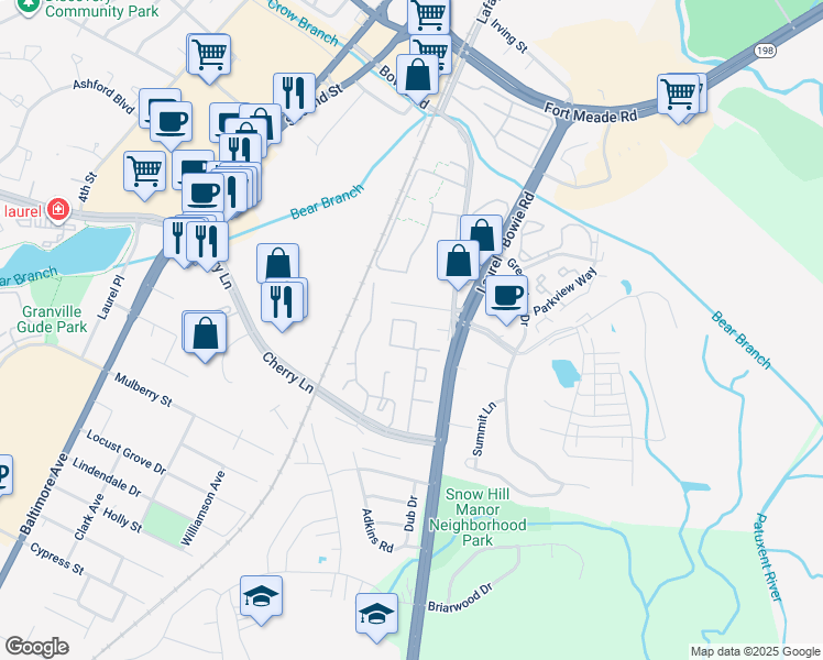 map of restaurants, bars, coffee shops, grocery stores, and more near 9278 Cherry Lane in Laurel