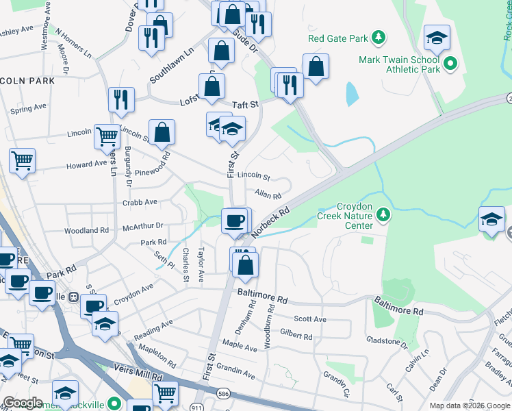 map of restaurants, bars, coffee shops, grocery stores, and more near 819 Lynn Court in Rockville