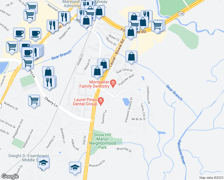 map of restaurants, bars, coffee shops, grocery stores, and more near 14502 Greenview Drive in Laurel