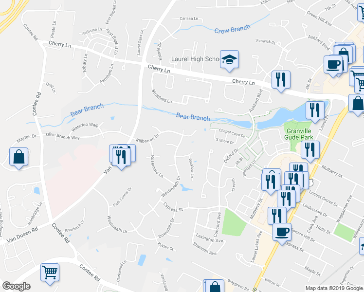 map of restaurants, bars, coffee shops, grocery stores, and more near 14405 Westmeath Dr in Laurel