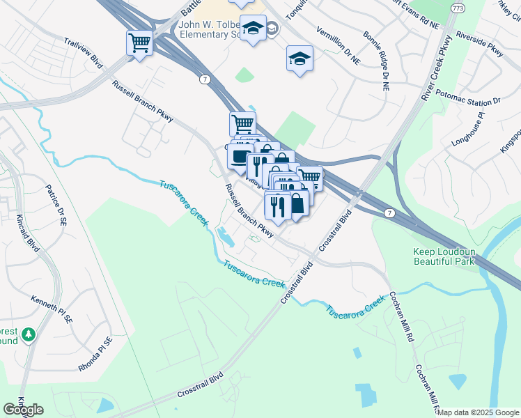 map of restaurants, bars, coffee shops, grocery stores, and more near 1500 Balch Drive Southeast in Leesburg