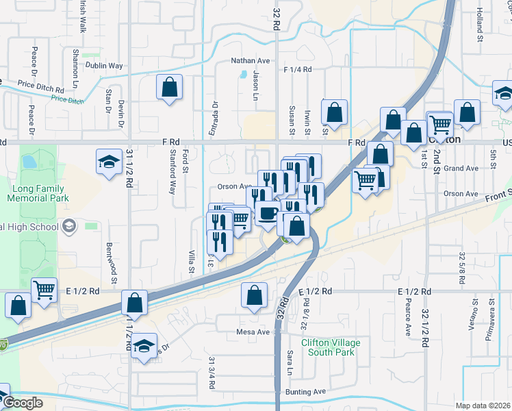 map of restaurants, bars, coffee shops, grocery stores, and more near 576 Clifton Way in Grand Junction