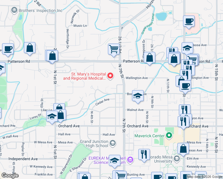 map of restaurants, bars, coffee shops, grocery stores, and more near 580 Bookcliff Avenue in Grand Junction
