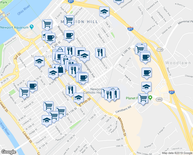map of restaurants, bars, coffee shops, grocery stores, and more near in Newport