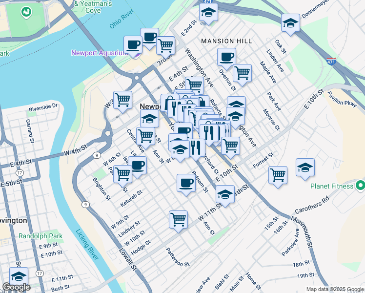 map of restaurants, bars, coffee shops, grocery stores, and more near 15 West 8th Street in Newport