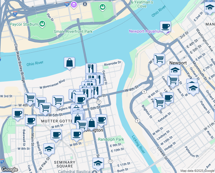 map of restaurants, bars, coffee shops, grocery stores, and more near 309 Garrard Street in Covington