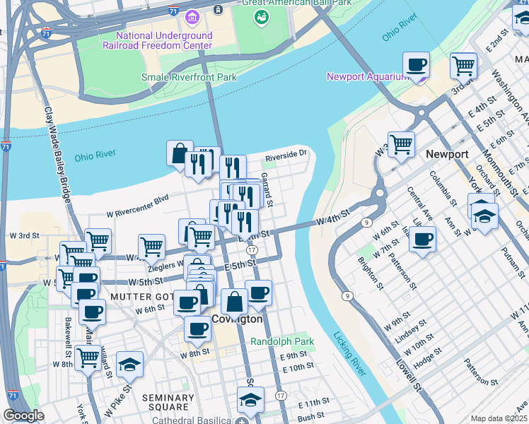map of restaurants, bars, coffee shops, grocery stores, and more near 309 Garrard Street in Covington
