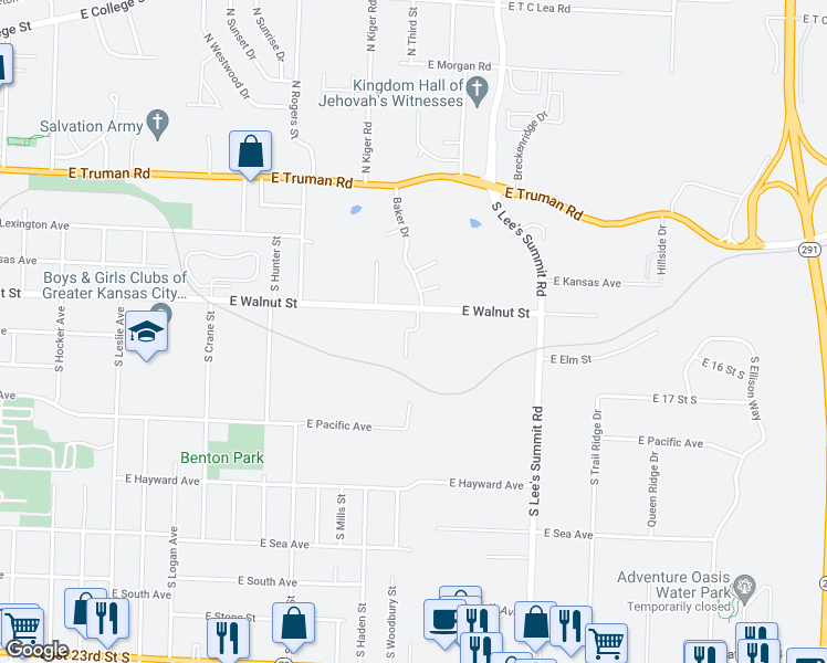 map of restaurants, bars, coffee shops, grocery stores, and more near 1531 Baker Circle in Independence